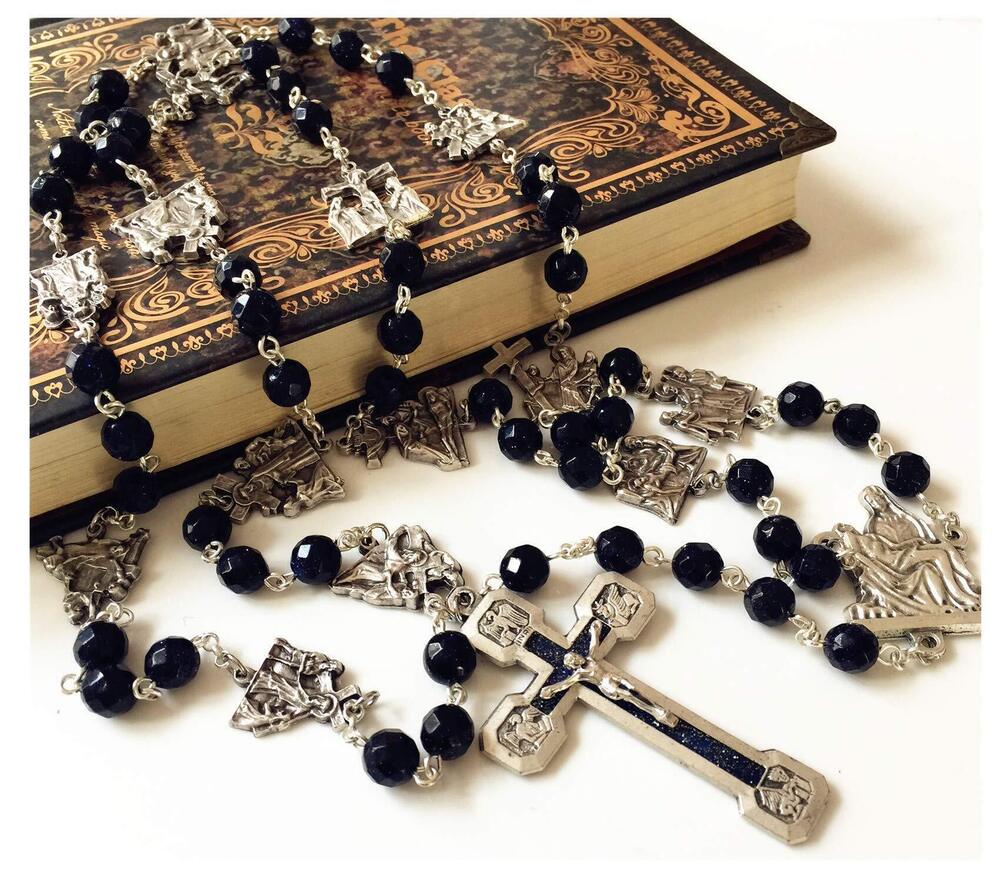 8620 Stations of The Cross Prayer Rosary Blue Sandstone Beads Necklace